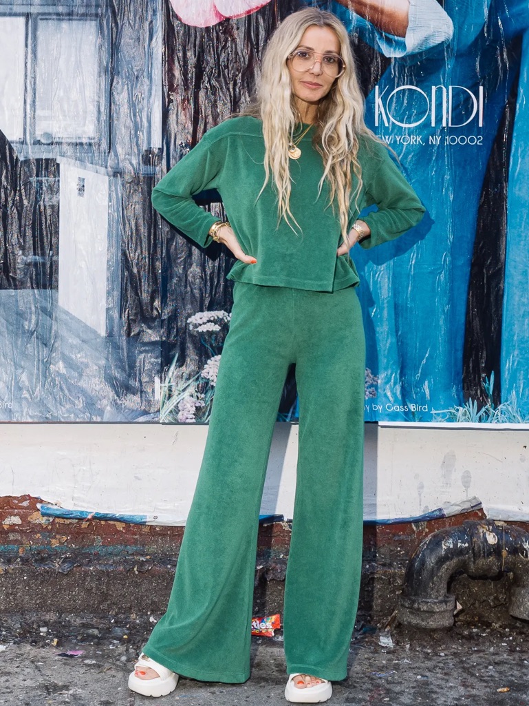 Suzie Kondi The Zephyra Flare Pants In Terry Cotton Green “Fyllo”